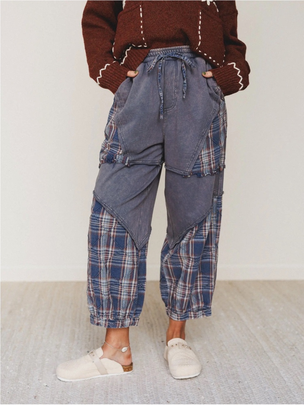 New Oli & Hali Navy Washed Plaid Cabin Kind Terry Patchwork Pants | Large - Picture 5 of 16